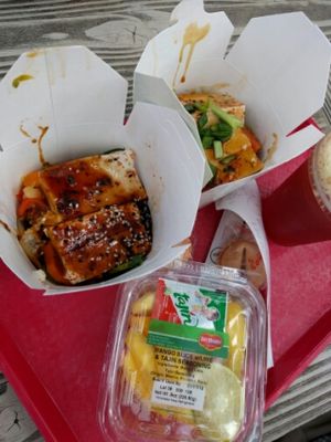 Tofu 2 ways, Spicy Korean and Teriyaki. Nasty little mangoes on the side at Disneyland - Lucky Fortune Cookery in Anaheim