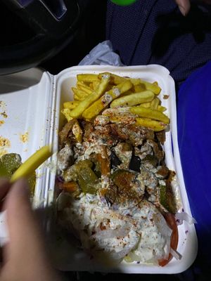 The Teller (plate) mixture of doner meat, chips and salad.  at Vegöner in Nuremberg