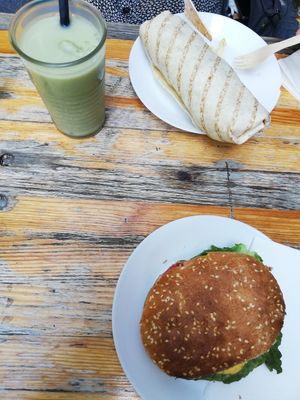 Burrito, Burger and Iced Matcha Latte at Geh Veg in Berlin