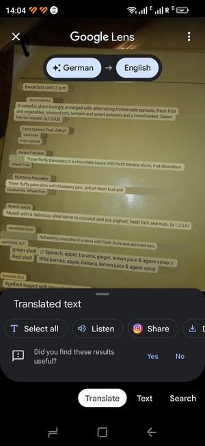 Google translate main menu page at Geh Veg in Berlin