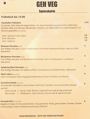 Breakfast menu at Geh Veg in Berlin