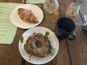 Croissant, bagel and cappuccino   at Geh Veg in Berlin