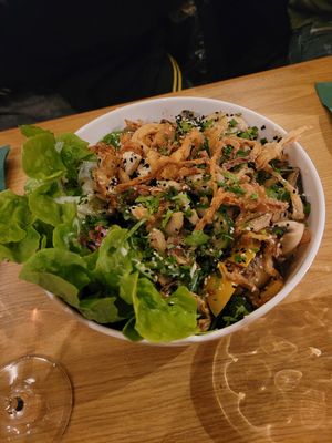 Bowl mit Rostzwiebeln / Reis und Gyros at Vegano in Gross-gerau