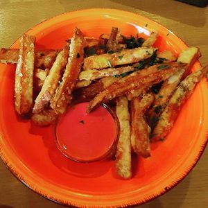 Homemade sweet patato with beetroot dip! at Vegano in Gross-gerau