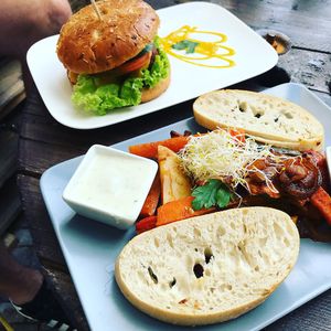 Seitan burger and baked vegetables   at Valladares in Berlin