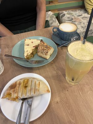 Vegan tortilla and empadilla, oat cappuccino and juice   at Bohemian Lane in Bilbao