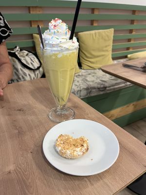 Vegan mango lassi milkshake and mini almond palmera  at Bohemian Lane in Bilbao