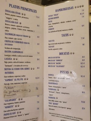 Menu at El Oju in Granada