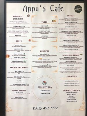 menu as of Sep 2020 at Appu's Cafe in Long Beach