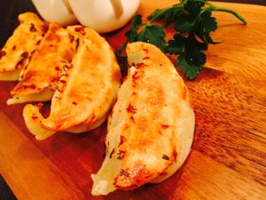 vege GYOUZA of soy meat and seasonal vegetable ! at Hang Out in Tokyo