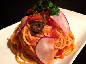 Today's pasta !
Brandy tomato sauce pasta of red turnip and black olives at Hang Out in Tokyo
