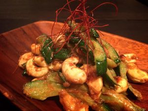 cucumber and cashew nuts with natto sause at Hang Out in Tokyo
