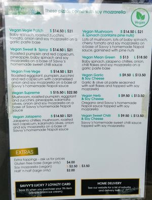 Vegan pizza menu at Savvy Organic Pizza and Ice Cream in Belgrave