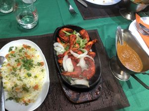 Vegan King Prawn tandoori and veg rice at Maharaja Palace Indian Tandoori Restaurant in Gran Canaria