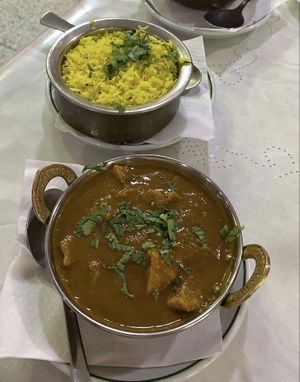 Soya meat curry with yellow rice  at Maharaja Palace Indian Tandoori Restaurant in Gran Canaria