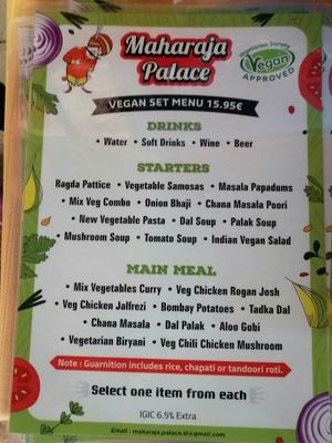 New vegan set menu at Maharaja Palace Indian Tandoori Restaurant in Gran Canaria