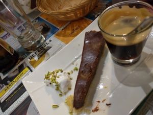 chocolate caramel tarte (mini version) and coffee. at Mezzaluna in Saint-laurent-blangy