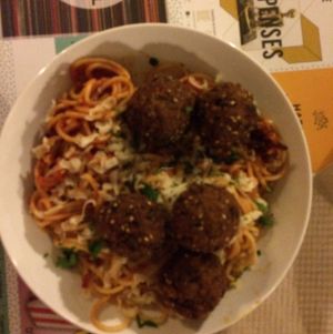 The spaghetti and ";meat"; balls at Mezzaluna in Saint-laurent-blangy