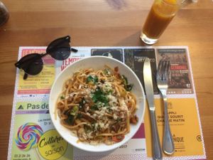 Special of the day - linguini with vegetables in a peanut sauce with house made Parmesan  at Mezzaluna in Saint-laurent-blangy