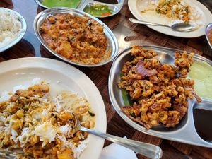 Aloo Gobi and Vegetable curry with onion snack. at Suprabhat in Austin