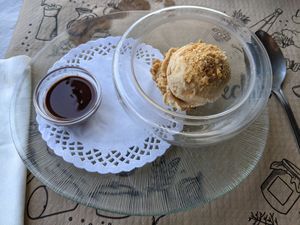 turron ice cream with chocolate sauce at Casa Chema in Oviedo