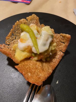 Ensaladilla sobre hoja de arroz at Casa Chema in Oviedo