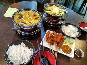 Mini hotpot laksa and herbal soup base with satay stick at Xing Hua Vegetarian 兴化美食 - Fortune Centre in Central Singapore