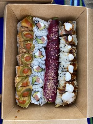 Left to right: secret weapon, Philadelphia roll (not my fave), colonels pipe (great flavors), hidden agenda (by far my favorite, so good) at Shizen Vegan Sushi Bar in San Francisco