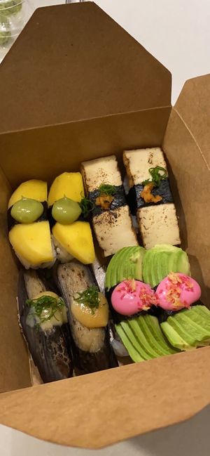 Nigiri - clockwise from top left: mango; tofu; eggplant; avacado at Shizen Vegan Sushi Bar in San Francisco