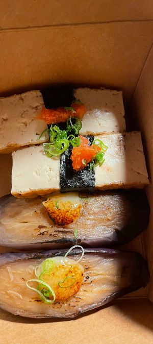 Eggplant and sweet tofu nigiri at Shizen Vegan Sushi Bar in San Francisco