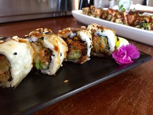 Hidden Agenda Roll (tempura eggplant, bell pepper, zucchini, carrot, yellow onion, fried garlic). at Shizen Vegan Sushi Bar in San Francisco