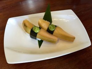 Green Mango Nigiri (with sweet ume vinegar, avocado crema). at Shizen Vegan Sushi Bar in San Francisco