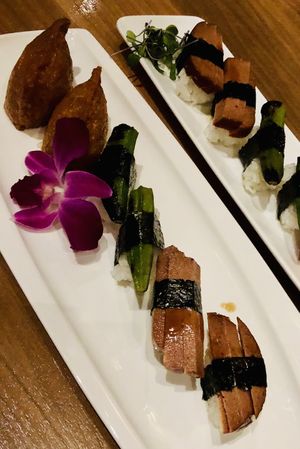 Inari, okra, and bean curd nigiri at Shizen Vegan Sushi Bar in San Francisco