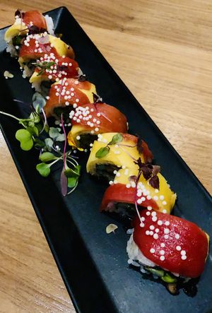 Proud peacock  at Shizen Vegan Sushi Bar in San Francisco