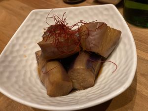 Nasu agebitashi at Shizen Vegan Sushi Bar in San Francisco