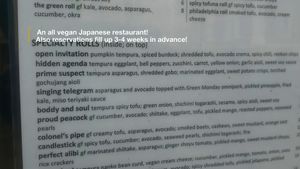sushi menu at Shizen Vegan Sushi Bar in San Francisco