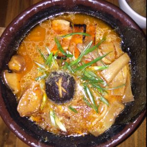 spicy garlic miso ramen: all ramen comes with bean curds chashu, bamboo shoots, tempura mushrooms, grilled mushrooms, nori, and green onions $12 at Shizen Vegan Sushi Bar in San Francisco