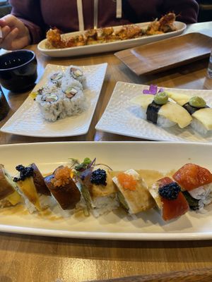 Peacock roll, Philadelphia roll, mango nigiri  at Shizen Vegan Sushi Bar in San Francisco