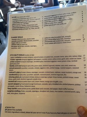 Menu  at Shizen Vegan Sushi Bar in San Francisco