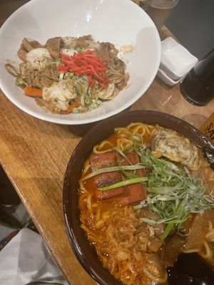 Spicy ramen and yakisoba   at Shizen Vegan Sushi Bar in San Francisco