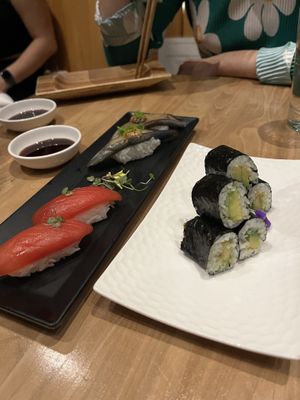 Avocado roll (great) tomato nigiri (good) eggplant nigiri (great)  at Shizen Vegan Sushi Bar in San Francisco