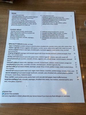 Sushi Menu at Shizen Vegan Sushi Bar in San Francisco