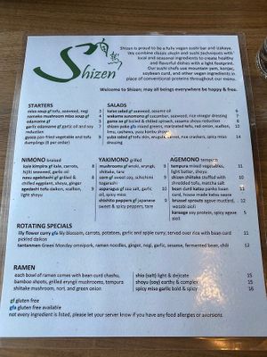 Menu (Front) at Shizen Vegan Sushi Bar in San Francisco