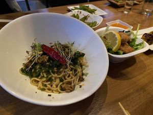 Dan Dan Noods and Kaarage at Shizen Vegan Sushi Bar in San Francisco