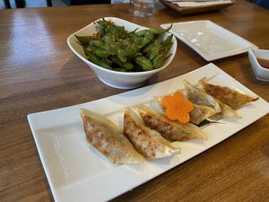 Garlic Edamame and Gyoza at Shizen Vegan Sushi Bar in San Francisco