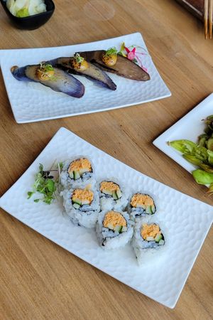 Spicy tofuna roll and eggplant nigiri at Shizen Vegan Sushi Bar in San Francisco