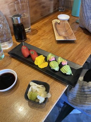 tomato and avocado nigiri  at Shizen Vegan Sushi Bar in San Francisco