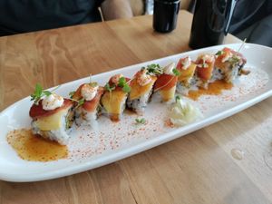 Mushroom, asparagus, grilled pineapple sushi at Shizen Vegan Sushi Bar in San Francisco