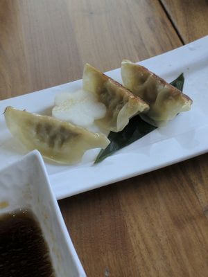 Their gyoza, half eaten :)  at Shizen Vegan Sushi Bar in San Francisco