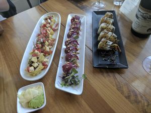 Three of their specialty rolls (left to right): plot twist, colonel's pipe, and hidden agenda at Shizen Vegan Sushi Bar in San Francisco